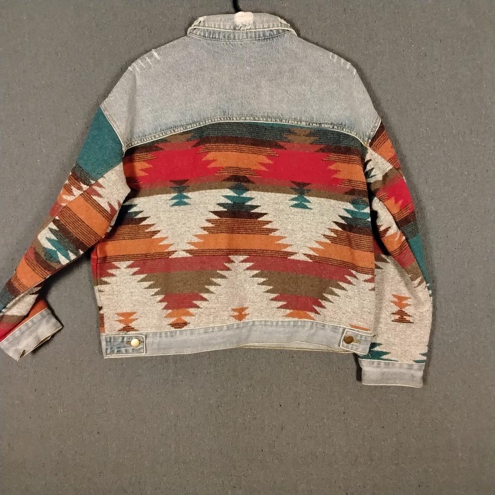 Polagram Womens M Southwestern Tapestry Denim Jacket Aztec Print Mixed Media - Picture 5 of 8